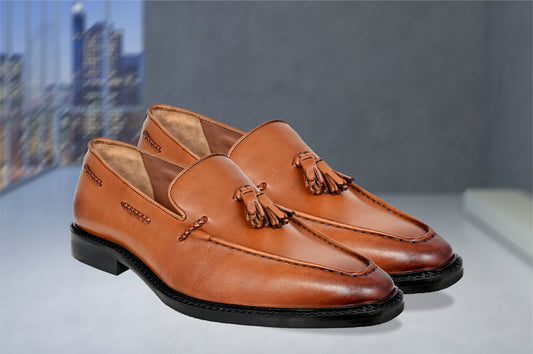 Tan Leather Men Tassel Formal Loafers