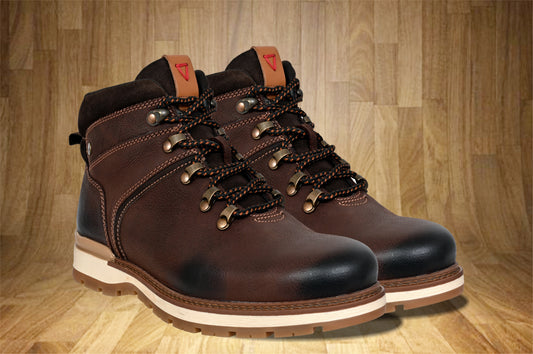 Brown Leather Round Toe Mid Top Lace-Up Boots