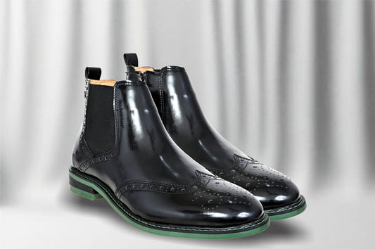 Black Brush-Off Leather Brogues Mid Top Blocked Heel Regular