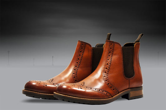 Tan Genuine Leather Men's brogue Chelsea Boots For Casual &