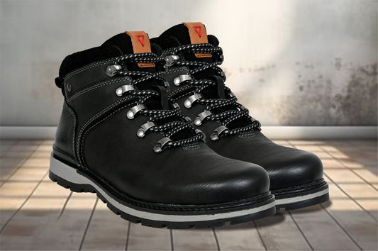 Black Leather Round Toe Mid Top Lace-Up Boots