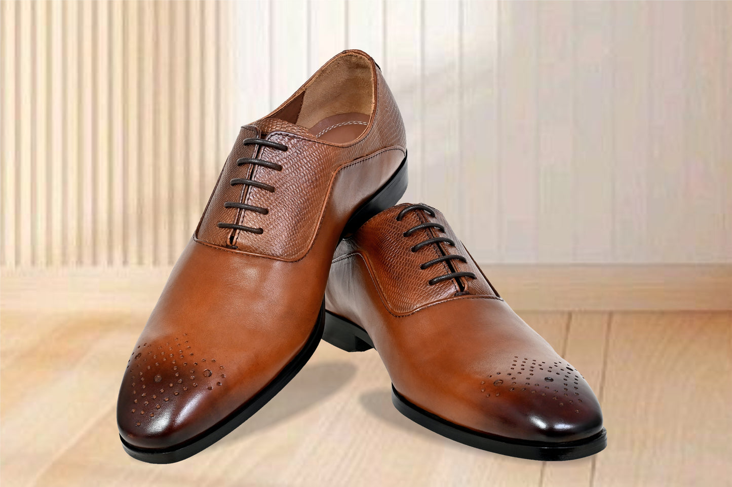 Tan Genuine Leather Oxford Classic Formal Lace-Up Shoes For Men