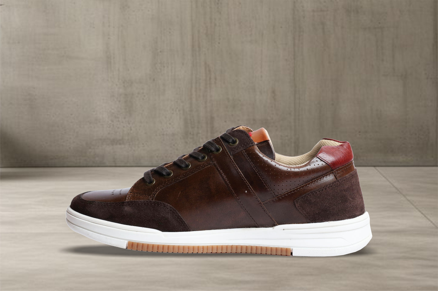 Brown & Red leather Lace-up Sneakers for Men