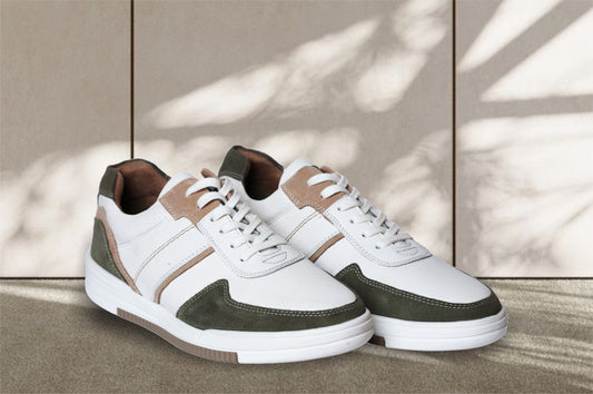 White & Olive leather Lace-up Sneakers for Men