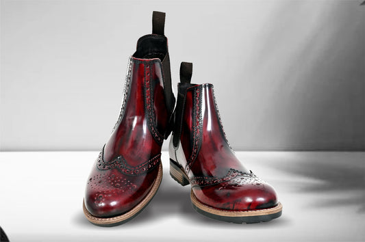 Burgundy Genuine Leather Men's brogue Chelsea Boots For Casual & Party Wear