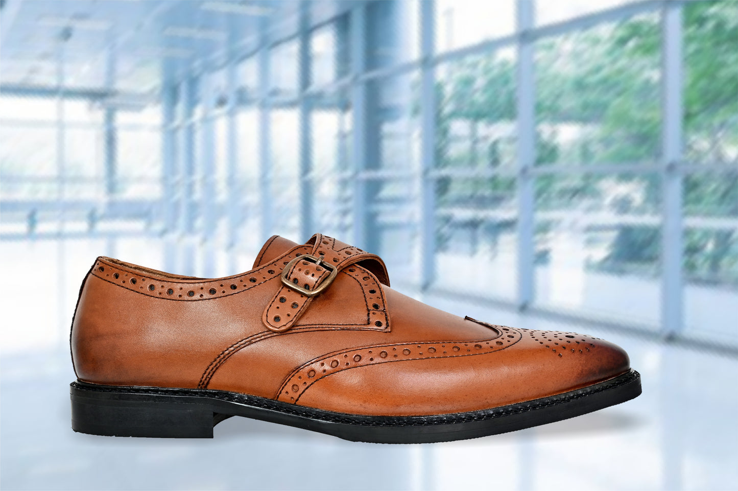 Tan Leather Brogues Single Strap Formal Monk Shoes