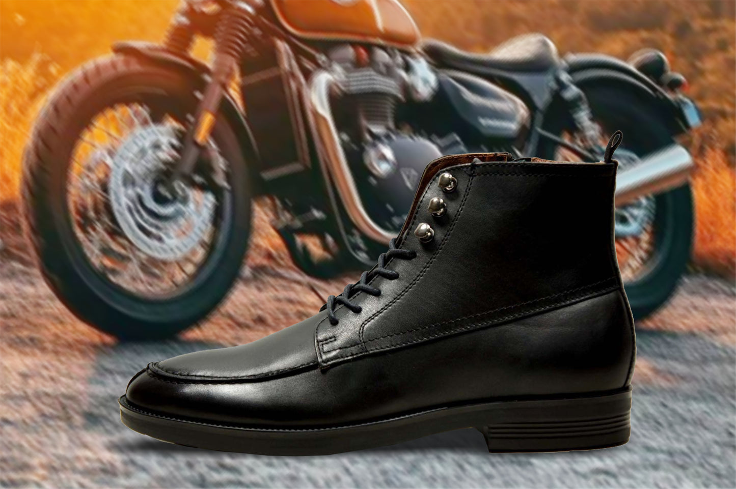 Black Genuine Leather Biker Boots For Men