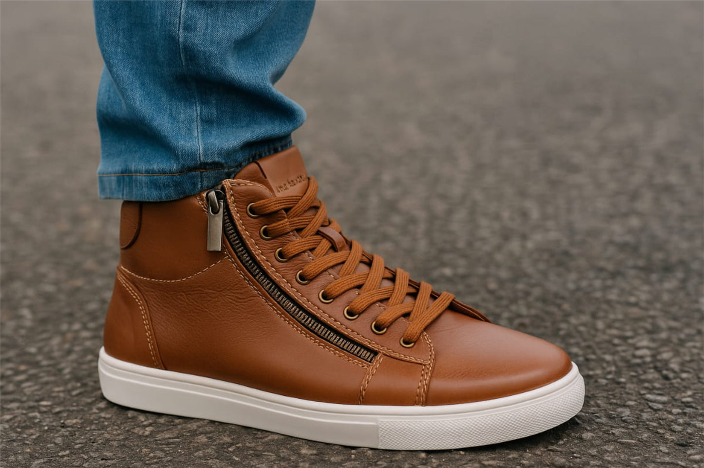 Tan Genuine Leather Ankle Sneakers for Men