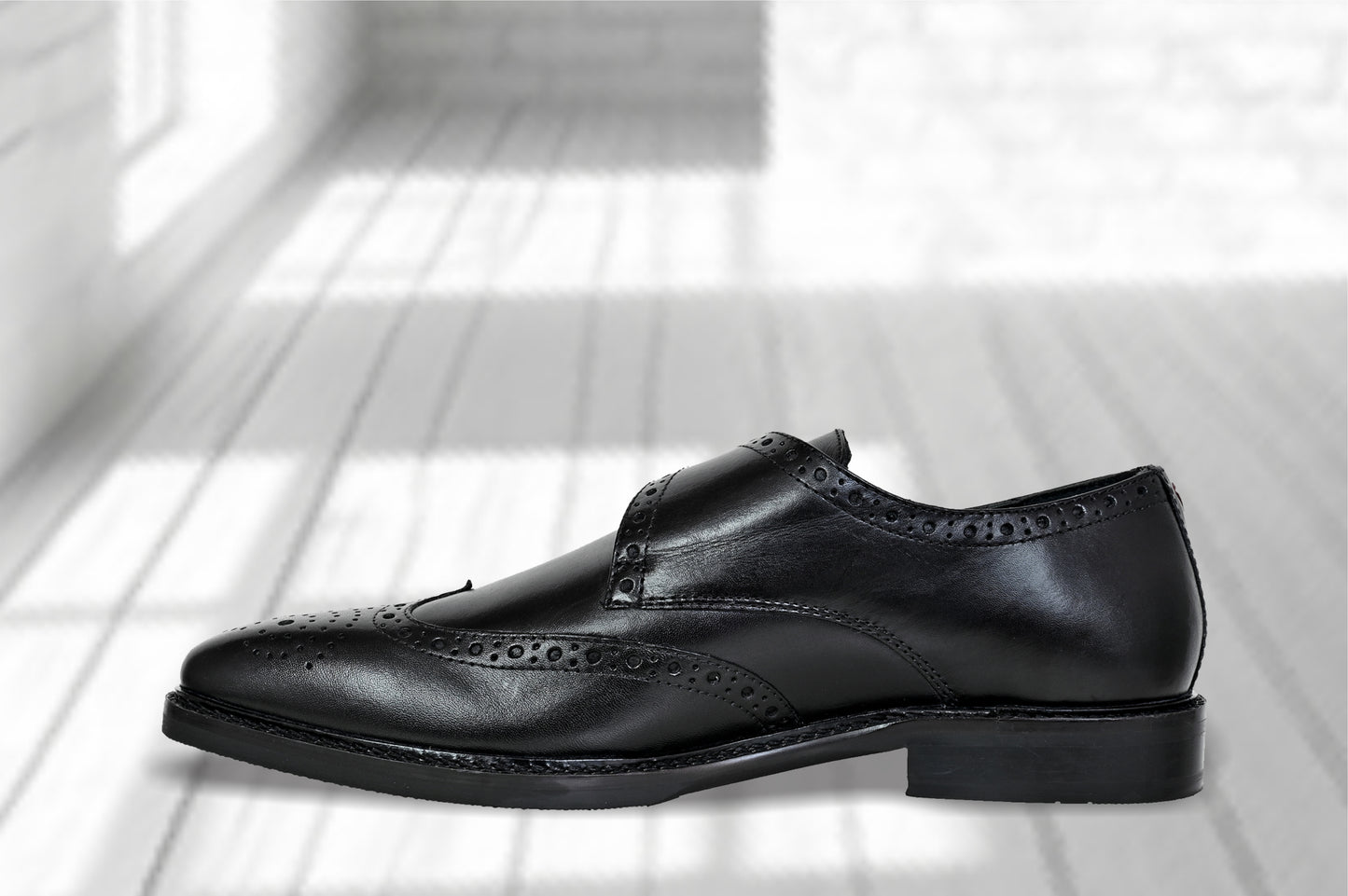 Black Leather Brogues Single Strap Formal Monk Shoes