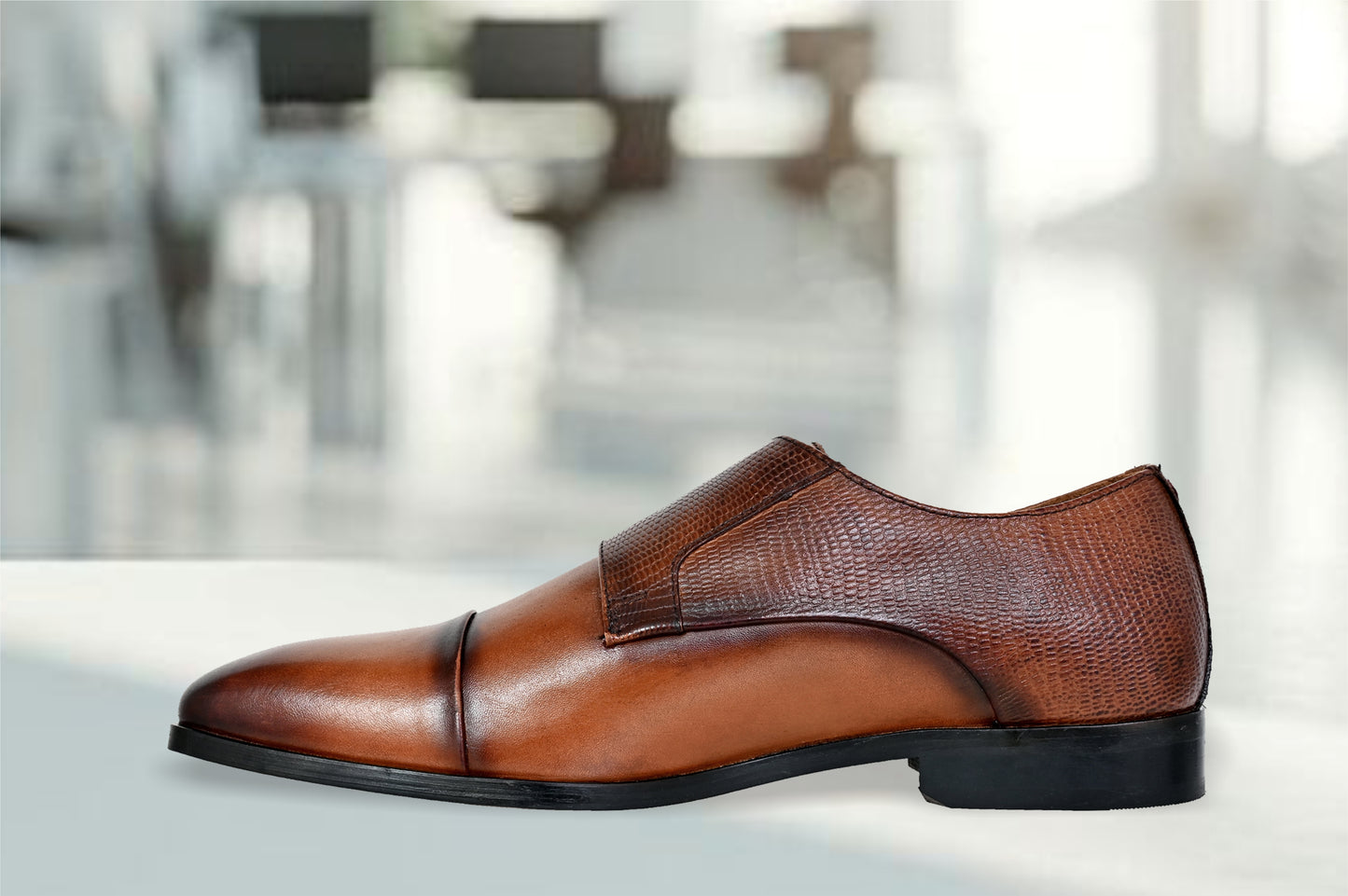 Tan Textured Leather Double Strap Formal Monk Shoes