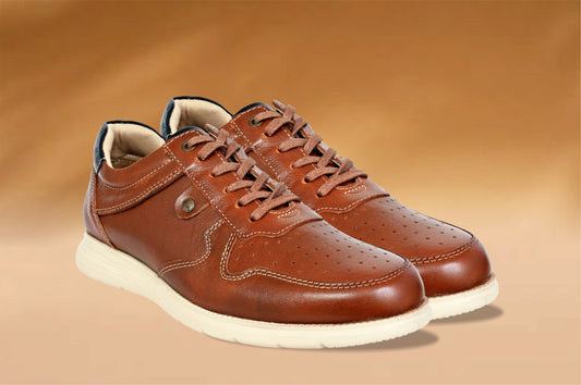 Tan Leather Men Perforations Round Toe Lightweight Sneakers