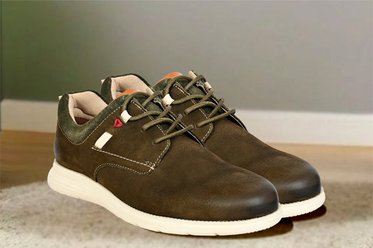 Olive Leather Men Round Toe Lightweight Nubuck Sneakers