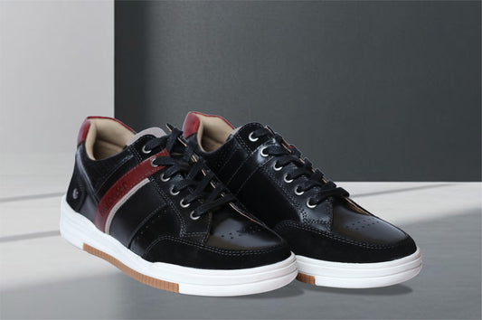 Black & Red leather Lace-up Sneakers for Men