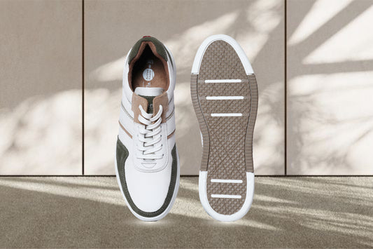 White & Olive leather Lace-up Sneakers for Men