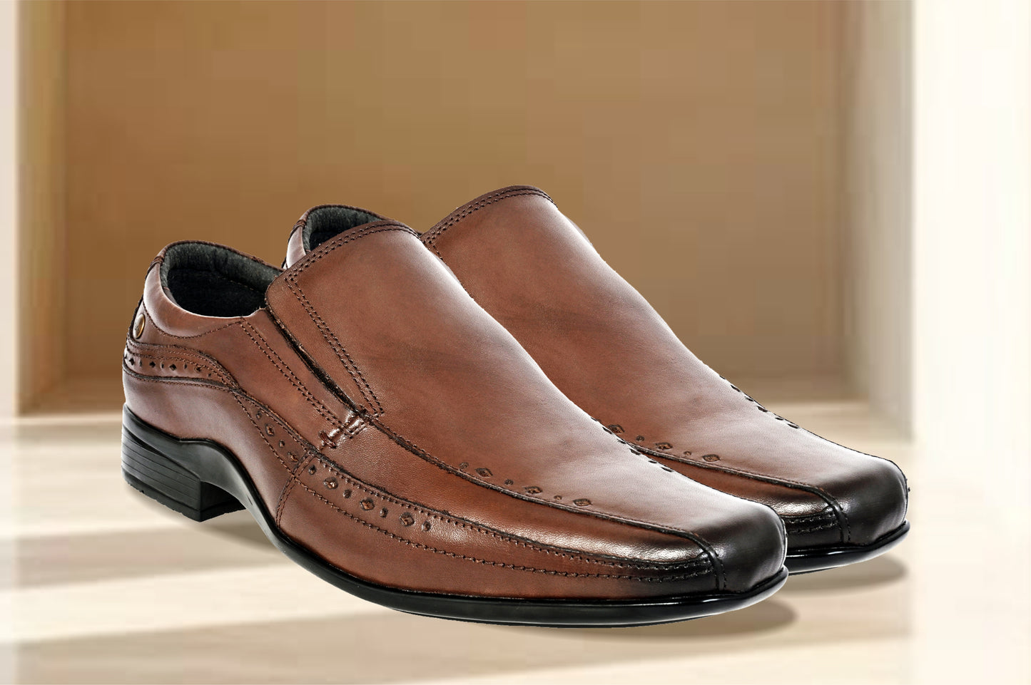 Brown Leather Slip-On Shoes For Men's Formal Pair