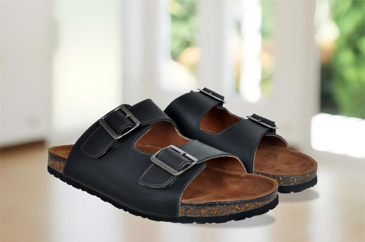 Black Leather Sandal Slip-on Casual Leather Flats For Men