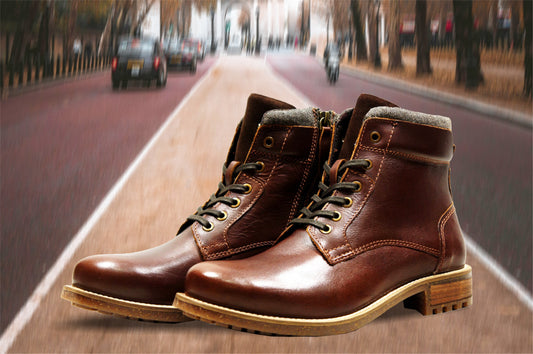 Brown Genuine Leather Men's Lace-up Boots For Casual & Party Wear