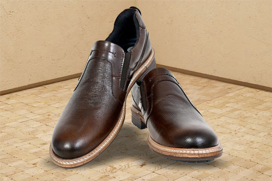 Brown Leather Textured Formal Slip-On Shoes