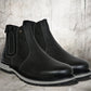Black Leather Round Toe Mid Top Chelsea Boots