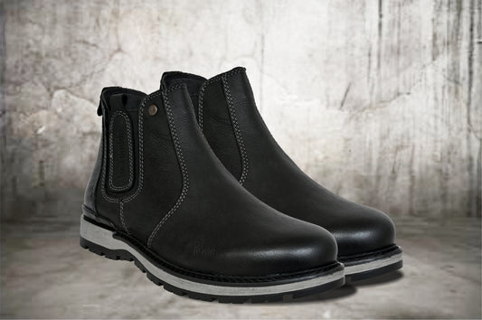 Black Leather Round Toe Mid Top Chelsea Boots