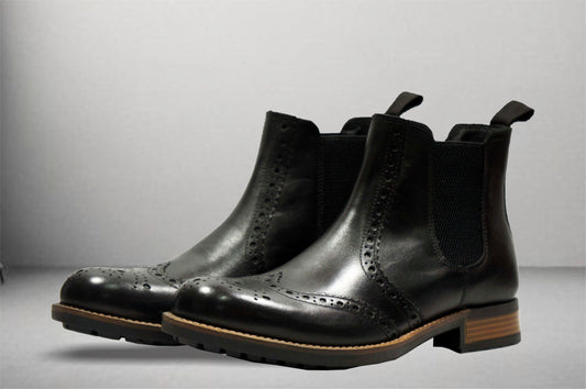 Black Genuine Leather Men's brogue Chelsea Boots For Casual