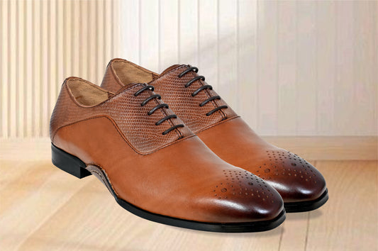 Tan Genuine Leather Oxford Classic Formal Lace-Up Shoes For Men