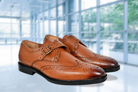 Tan Leather Brogues Single Strap Formal Monk Shoes