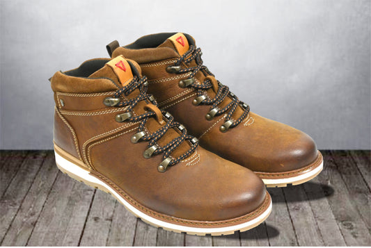 Tan Leather Round Toe Mid Top Lace-Up Boots