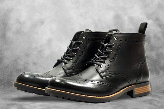 Black Genuine Leather Men's brogue lace-up boots for Casual Wear
