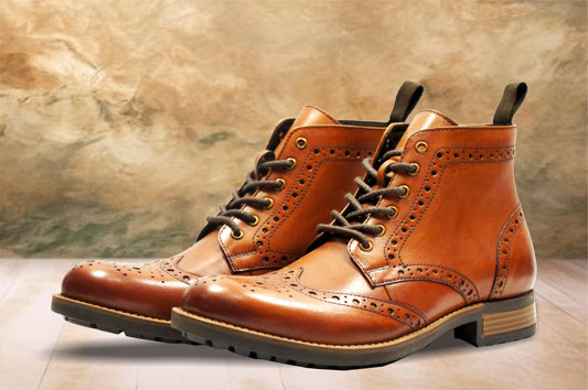 Tan Genuine Leather Men's brogue lace-up boots for Casual Wear