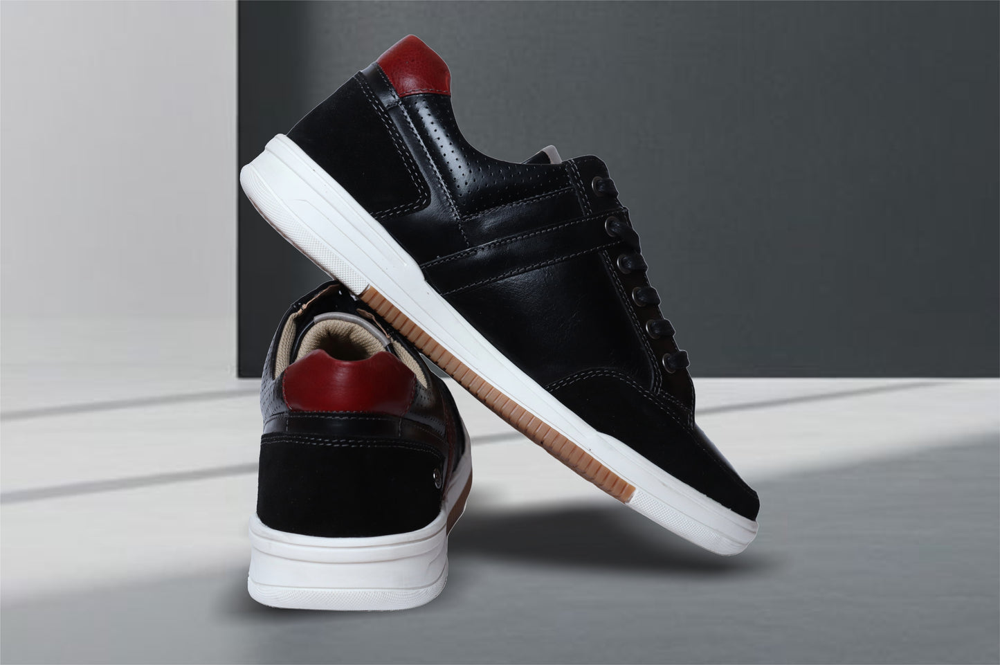 Black & Red leather Lace-up Sneakers for Men