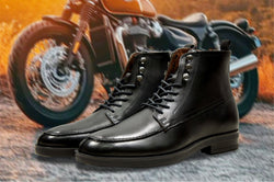 Black Genuine Leather Biker Boots For Men