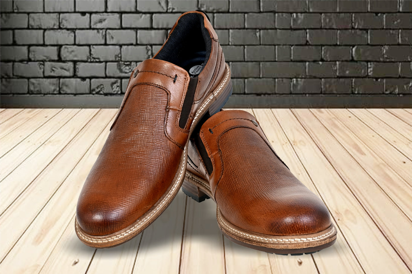 Tan Leather Textured Formal Slip-On Shoes