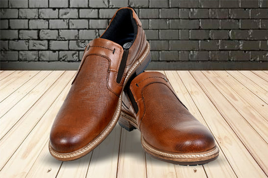 Tan Leather Textured Formal Slip-On Shoes
