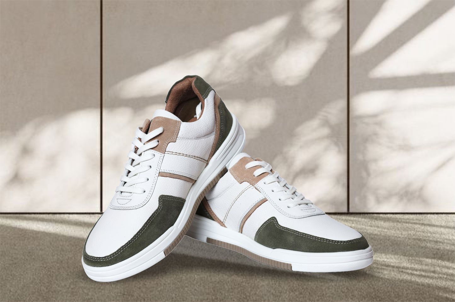 White & Olive leather Lace-up Sneakers for Men