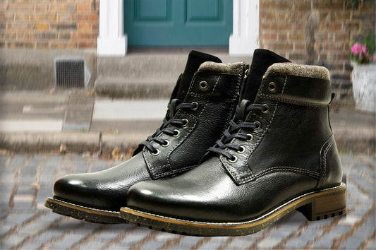 Black Genuine Leather Men's Lace-up Boots For Casual & Party Wear