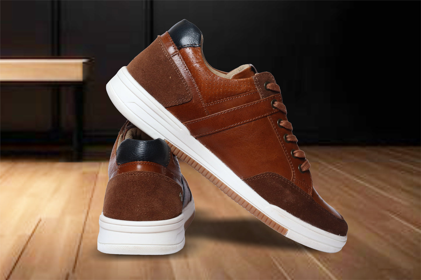 Tan & Navy leather Lace-up Sneakers for Men