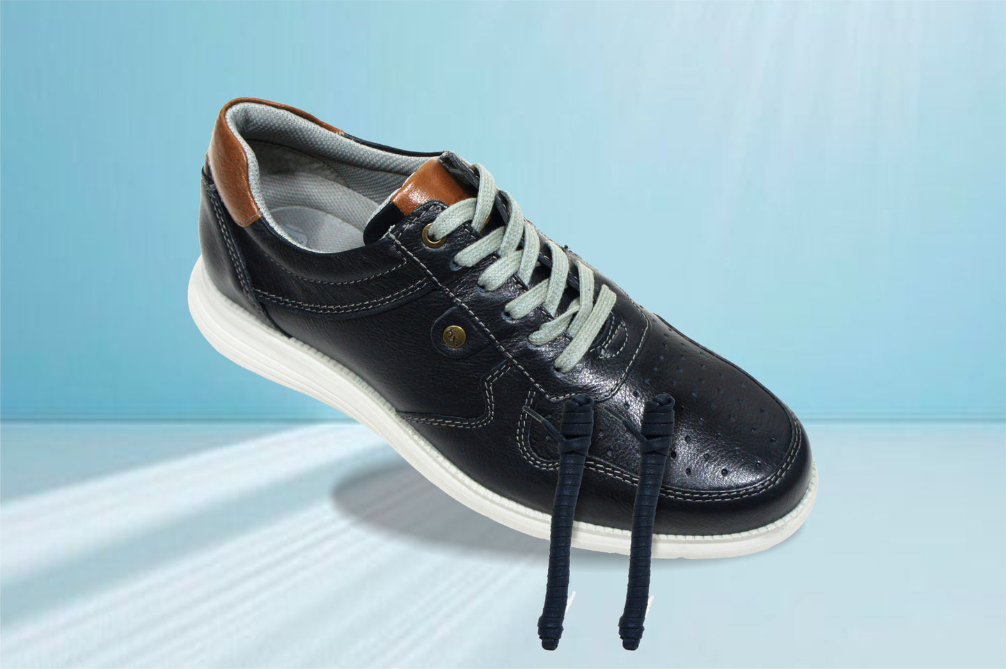 Navy Leather Men Perforations Round Toe Lightweight Sneakers