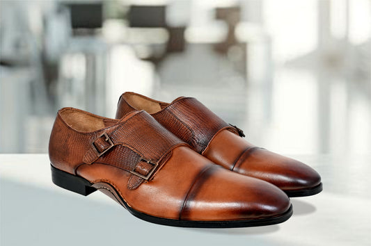 Tan Textured Leather Double Strap Formal Monk Shoes