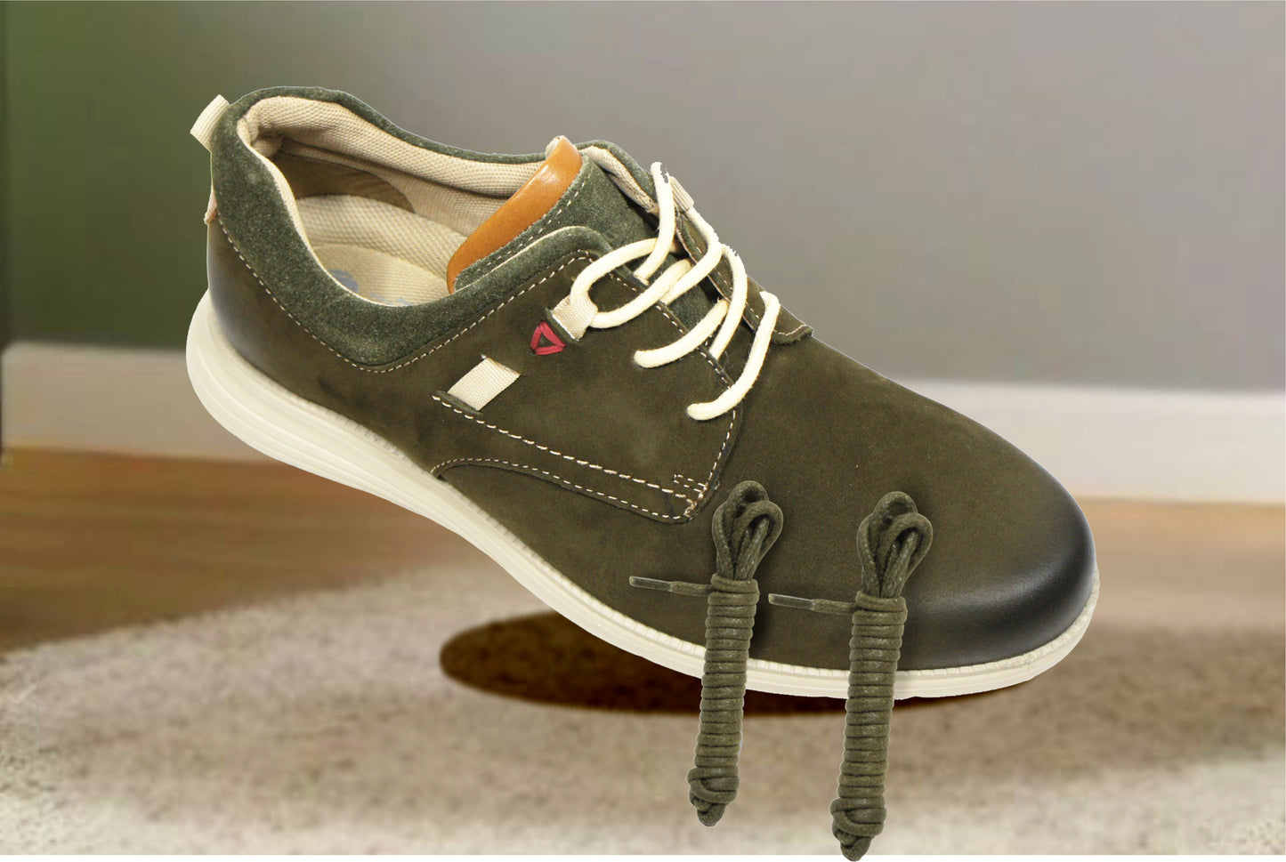 Olive Leather Men Round Toe Lightweight Nubuck Sneakers