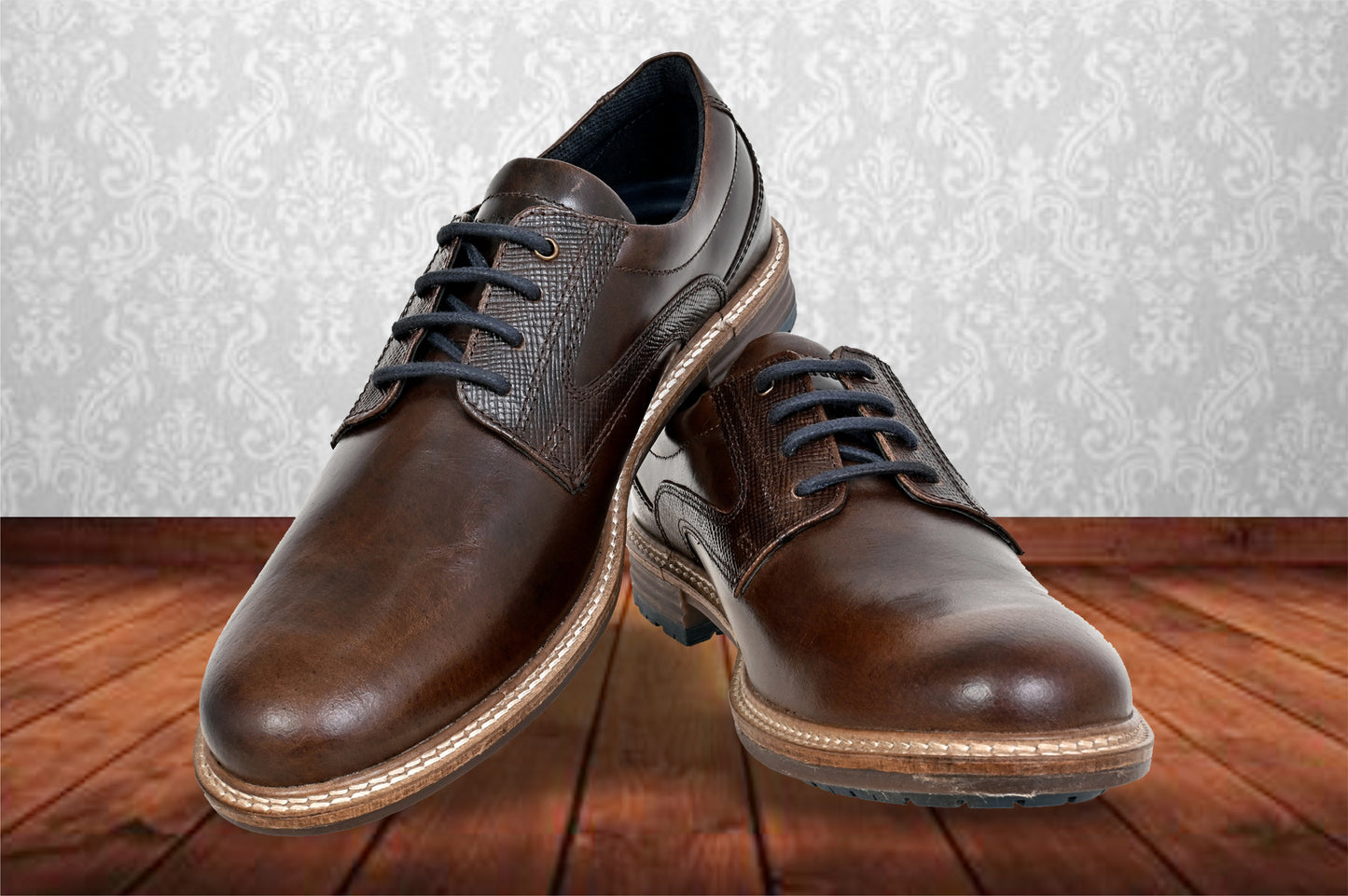 Brown Leather Men Textured Formal Derby Shoes