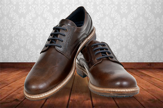 Brown Leather Men Textured Formal Derby Shoes