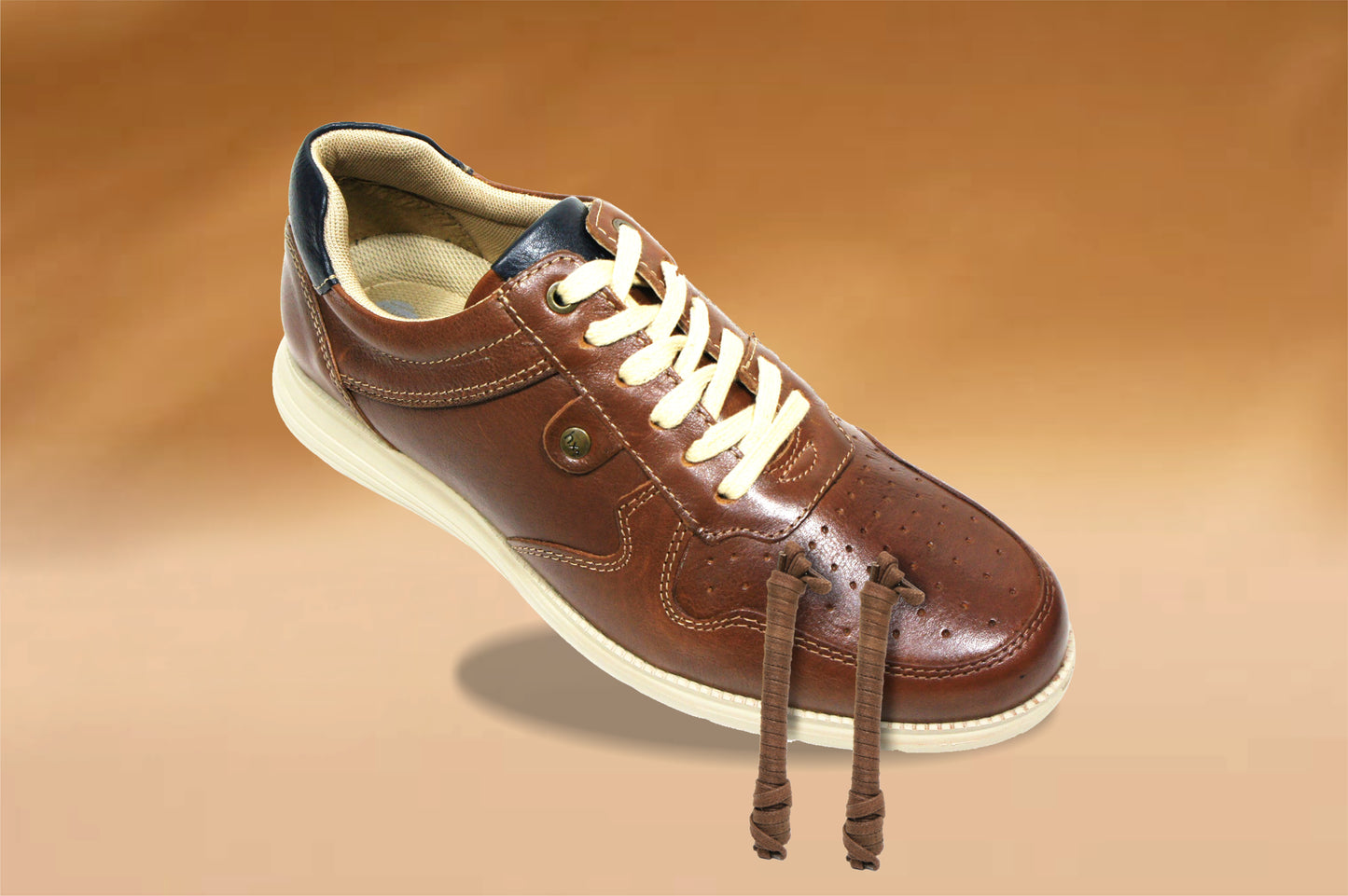 Tan Leather Men Perforations Round Toe Lightweight Sneakers