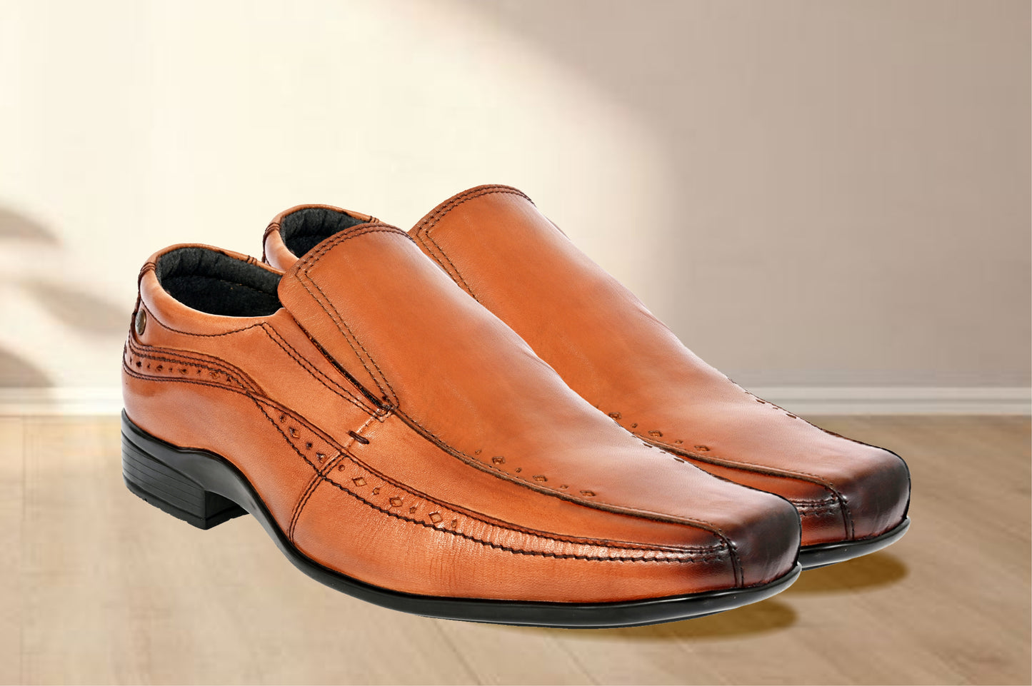 Tan Leather Slip-On Shoes For Men's Formal Pair