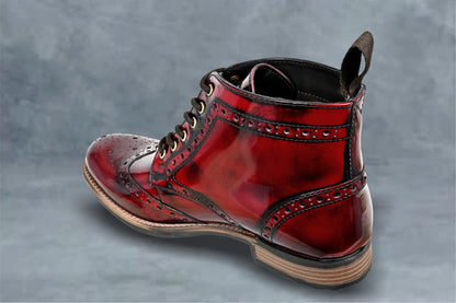 Burgundy Genuine Leather Men's brogue lace-up boots for Casual Wear