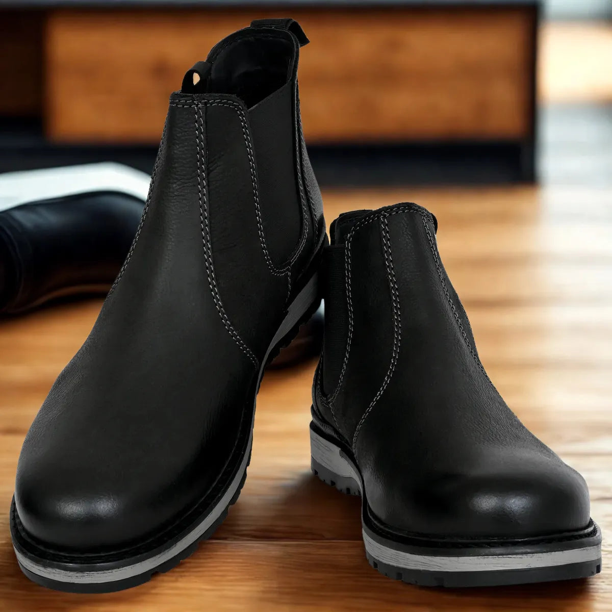 Black Leather Round Toe Mid Top Chelsea Boots