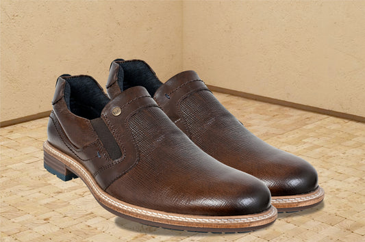 Brown Leather Textured Formal Slip-On Shoes