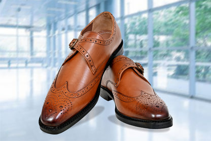 Tan Leather Brogues Single Strap Formal Monk Shoes