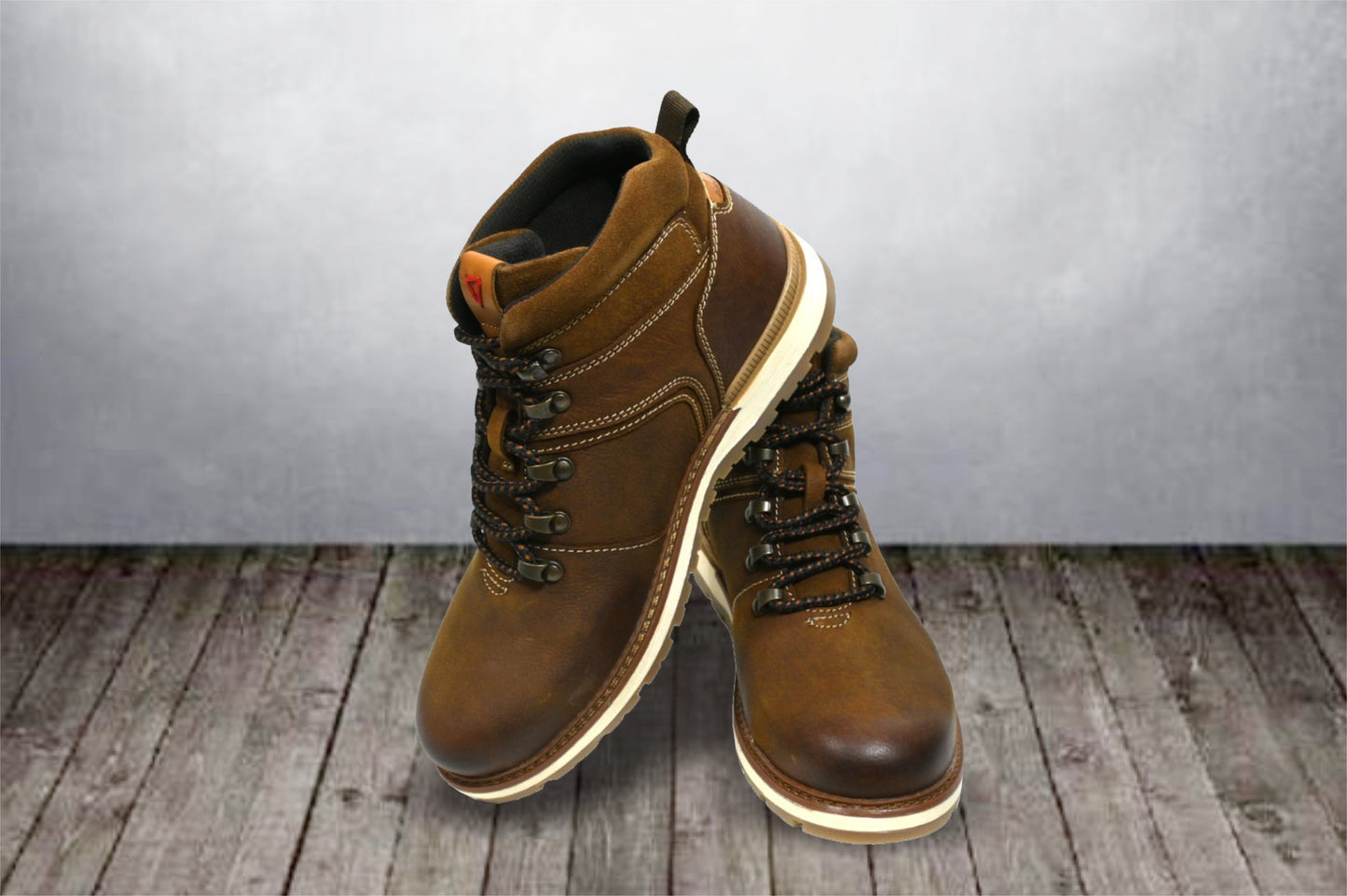 Tan Leather Round Toe Mid Top Lace-Up Boots