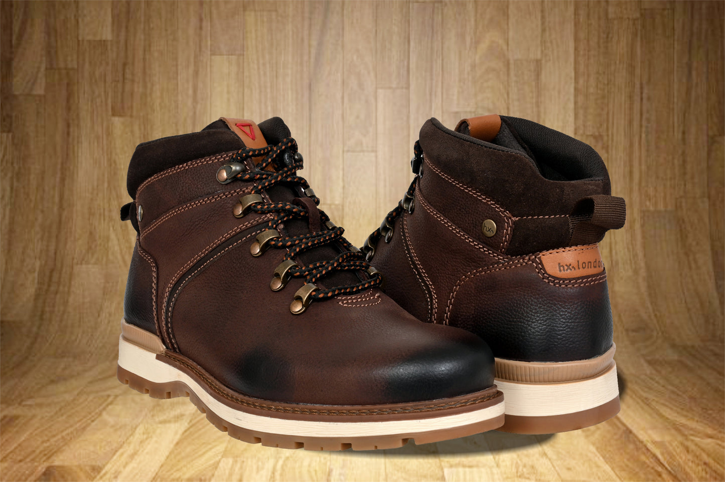Brown Leather Round Toe Mid Top Lace-Up Boots